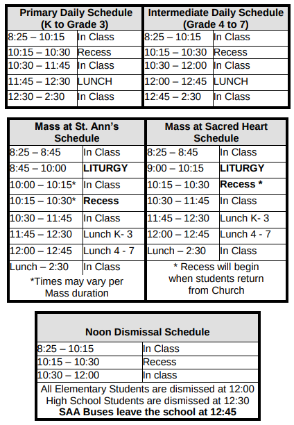 Bell Schedules St Ann s Academy
