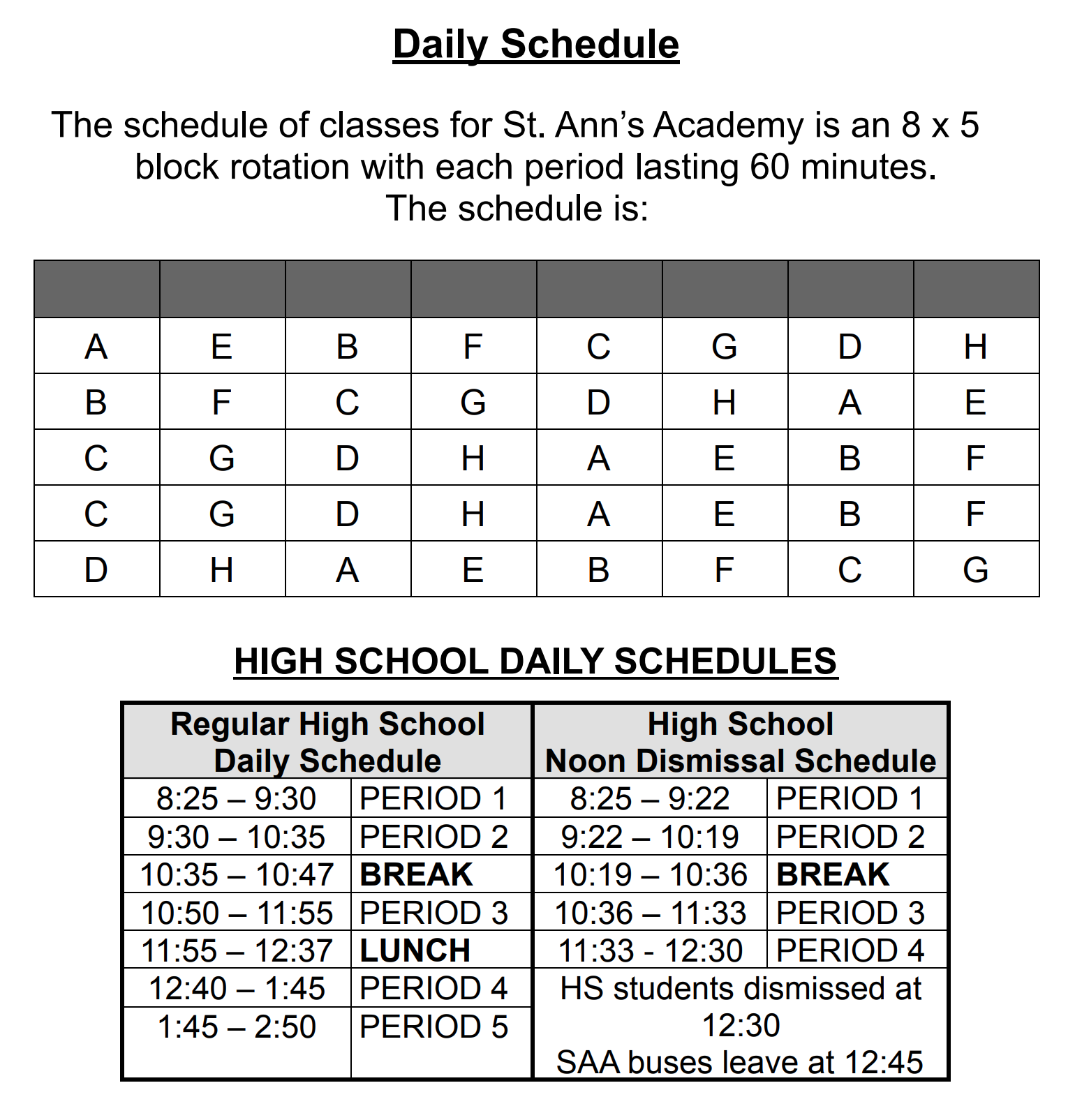 Bell Schedules St Anns Academy